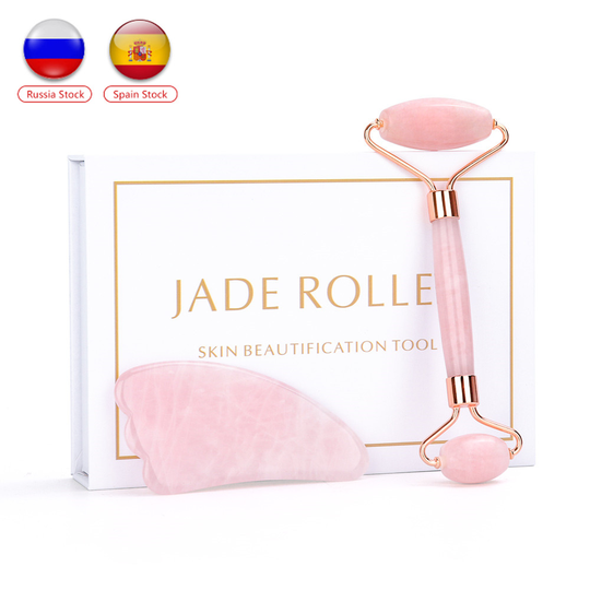 Rose Quartz Jade Roller Face Slimming Massager Face Lifting Natural Jade Stone Facial Massage Roller Skin Care Beauty Set Box