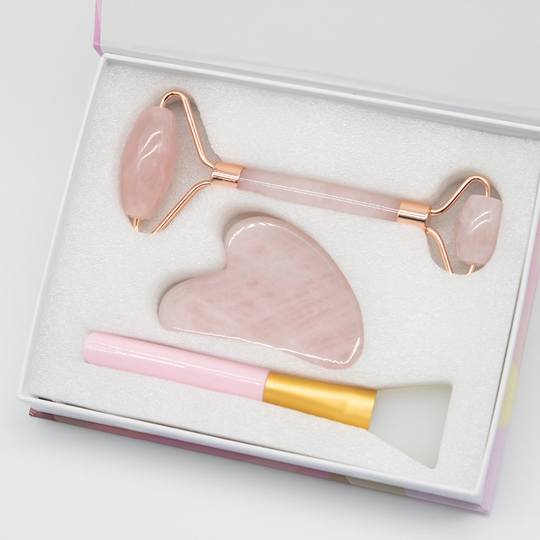 Rose Quartz Roller Face-lifting Massager Natural Jade Facial Massager Roller Slimming Jade Scraping Mask Brush Three-piece Set