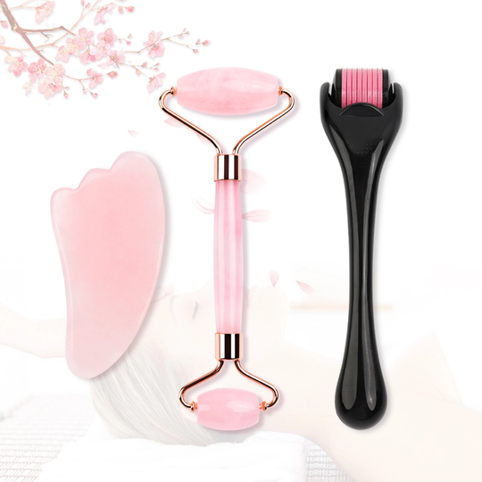 Natural Rose Quartz Jade Roller Facial Eye Body Massager Roller Jade Stone Gua sha Scraper Face Tools with derma roller 0.3mm