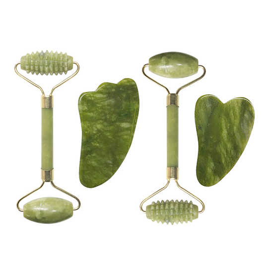 Natural Green Jade Roller Face Massager Guasha Board Scraper Set Crystal Stone Facial Massage Roller Gouache Scraper Beauty Tool